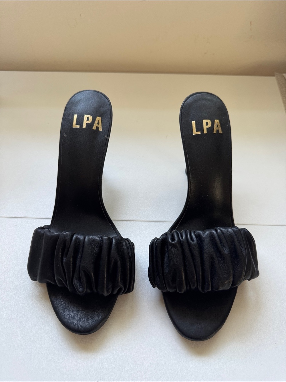 LPA Black Ruched Slide Sandals with Gold Logo